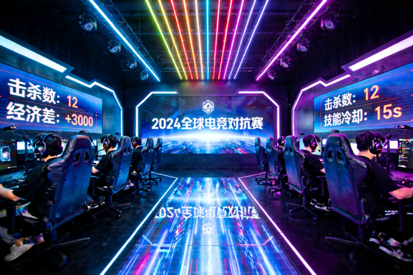 现代电竞对抗锦标赛舞台与屏幕实时数据流